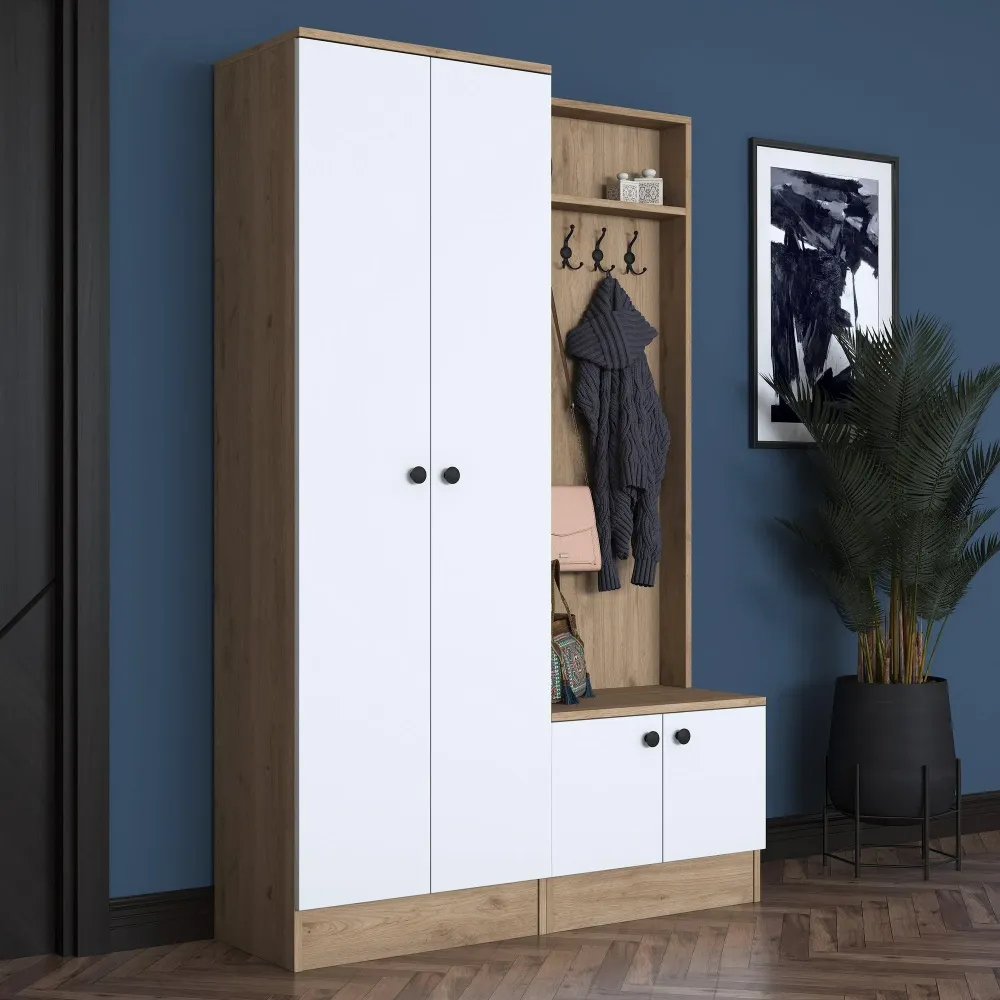 Cuier cu pantofar Zizou cu 4 usi, Alb - Nuc, 120 x 183 x 38 cm