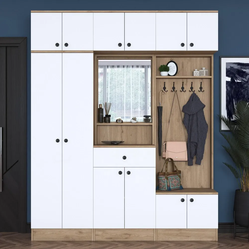 Dulap de hol cu Cuier si Pantofar 12 usi cu oglinda , Nuc, 180 x 226 x 38 cm