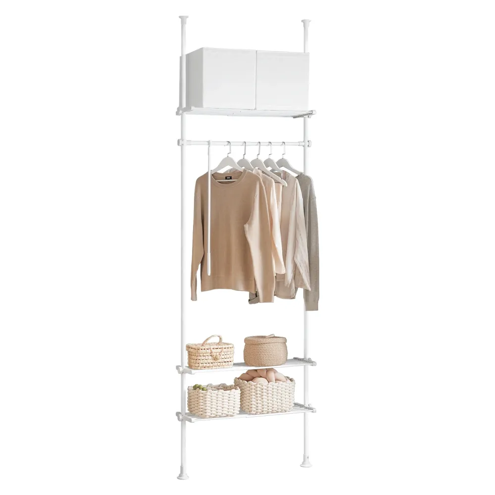 SoBuy KLS07-W Raft telescopic, Suport de haine robust cu tije și rafturi, Dulap deschis reglabil pentru dormitor, Suport p...