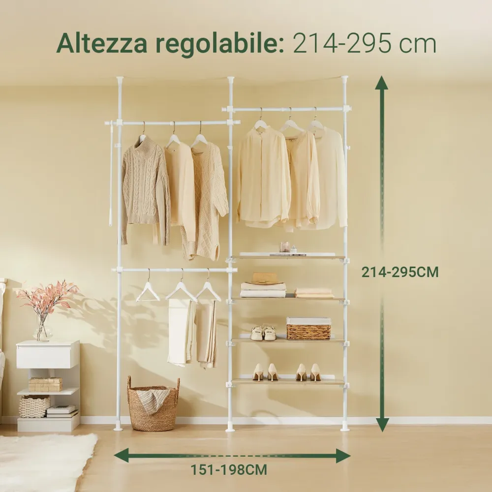 SoBuy Umerase telescopice KLS17-WW, stand robust, garderobă deschisă deschisă cu rafturi și bare spânzurate, alb