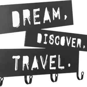 Cuier metalic Dream, Discover, Travel, 4 carlige, 48 x 27 x 3 cm, negru