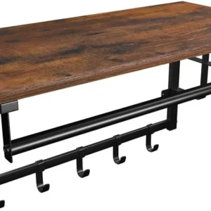 Cuier de perete cu raft, design vintage, 66,5 x 30 x 32,5 cm, lemn/ metal, maro/negru