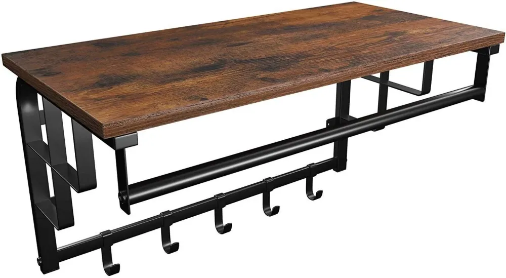 Cuier de perete cu raft, design vintage, 66,5 x 30 x 32,5 cm, lemn/ metal, maro/negru