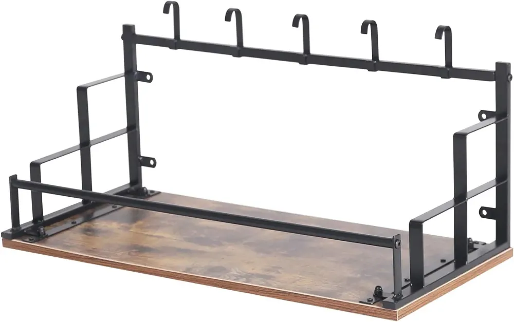 Cuier de perete cu raft, design vintage, 66,5 x 30 x 32,5 cm, lemn/ metal, maro/negru