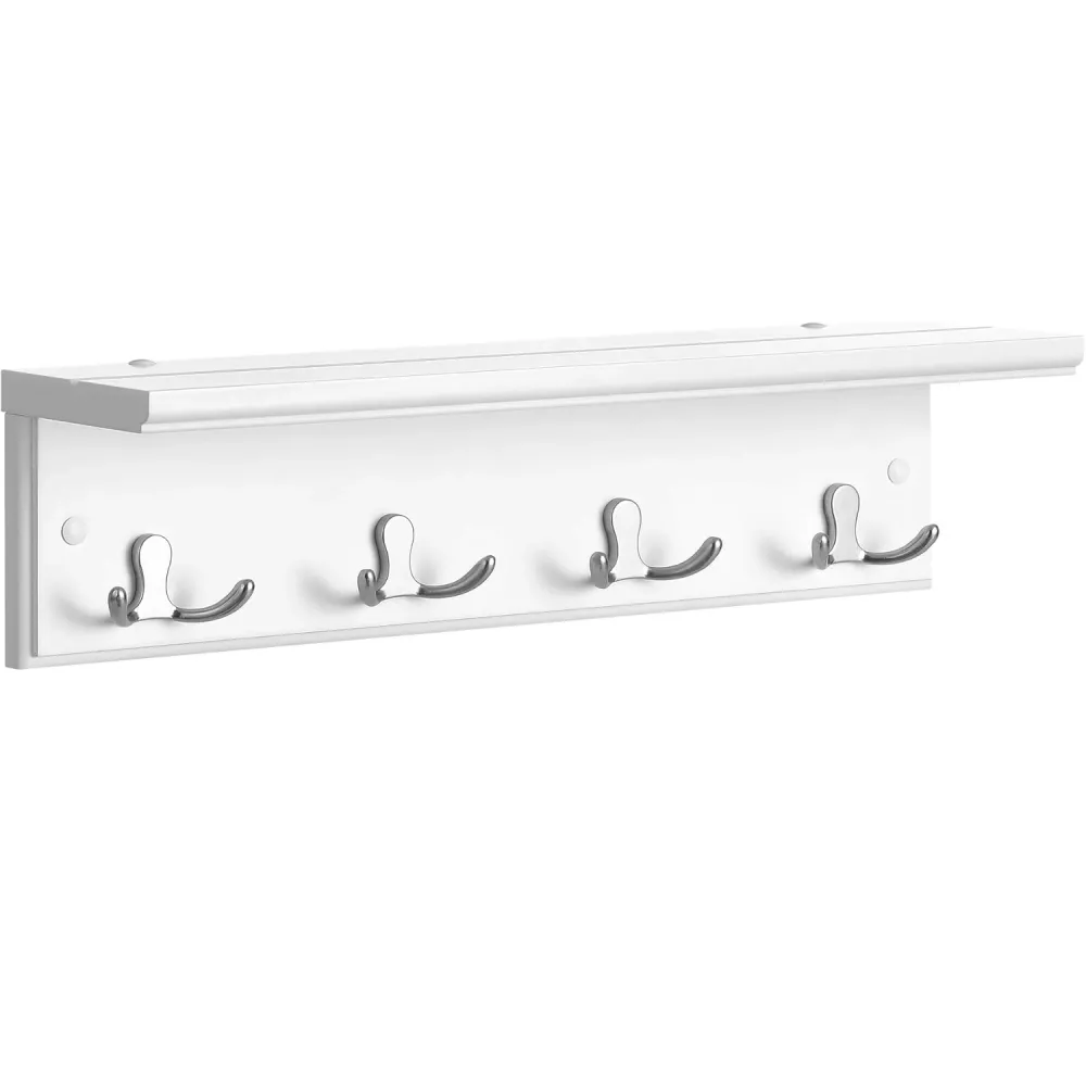 SONGMICS Cuier perete cu raft, 4 carlige duble metalice, MDF, 42x11x15 cm, alb