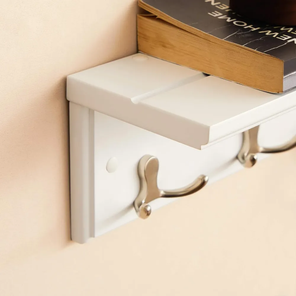 SONGMICS Cuier perete cu raft, 4 carlige duble metalice, MDF, 42x11x15 cm, alb