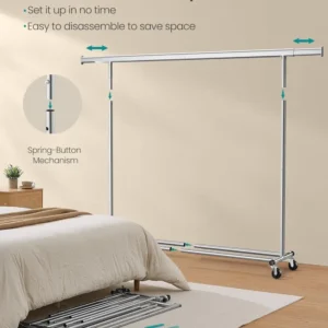 SONGMICS Suport haine cu roti, extensibil 160–200 cm, sarcina heavy duty otel 150 kg, roti blocabile, argintiu