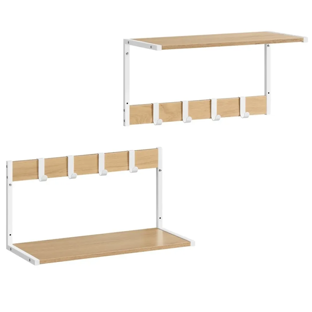 VASAGLE Set 2 cuiere cu rafturi perete, PAL si otel, 50x24x27 cm, stejar, alb