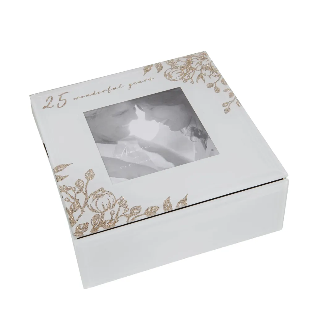 Cadou Nunta de Argint 25 Ani – Casetă Bijuterii cu Ramă Foto 10x10 cm, Cutie Bijuterii Elegantă din Sticlă cu Mesaj „25 Wo...