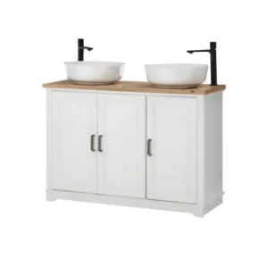 Dulap baie JASMIN, alb/stejar artisan, PAL, cu 3 usi, fara lavoar, 116x47x74 cm