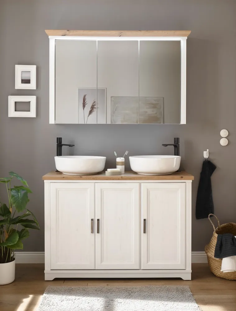 Dulap baie JASMIN, alb/stejar artisan, PAL, cu 3 usi, fara lavoar, 116x47x74 cm