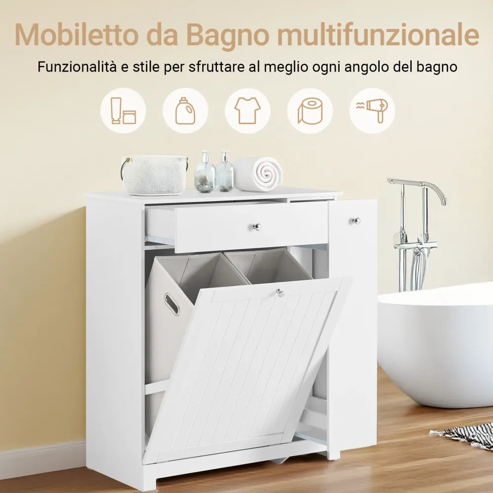 SoBuy BZR214-W Dulap de baie înalt și îngust, cu economie de spațiu, coloană, cu 1 sertar, 2 coșuri de rufe și raft detașa...