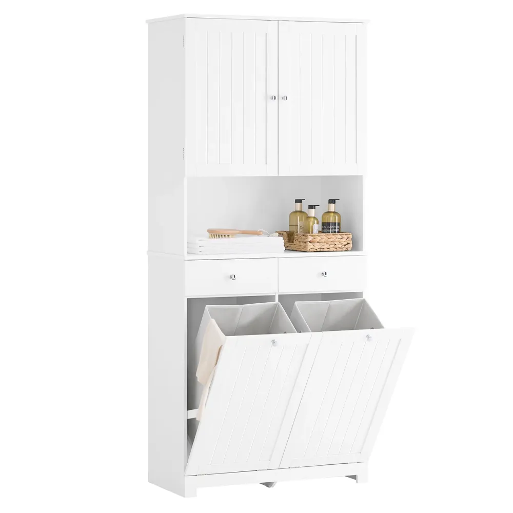 SoBuy BZR215-W Dulap baie cu economie de spațiu cu 2 coșuri de rufe și 2 sertare Coloană îngustă pentru baie 78x38x181cm D...