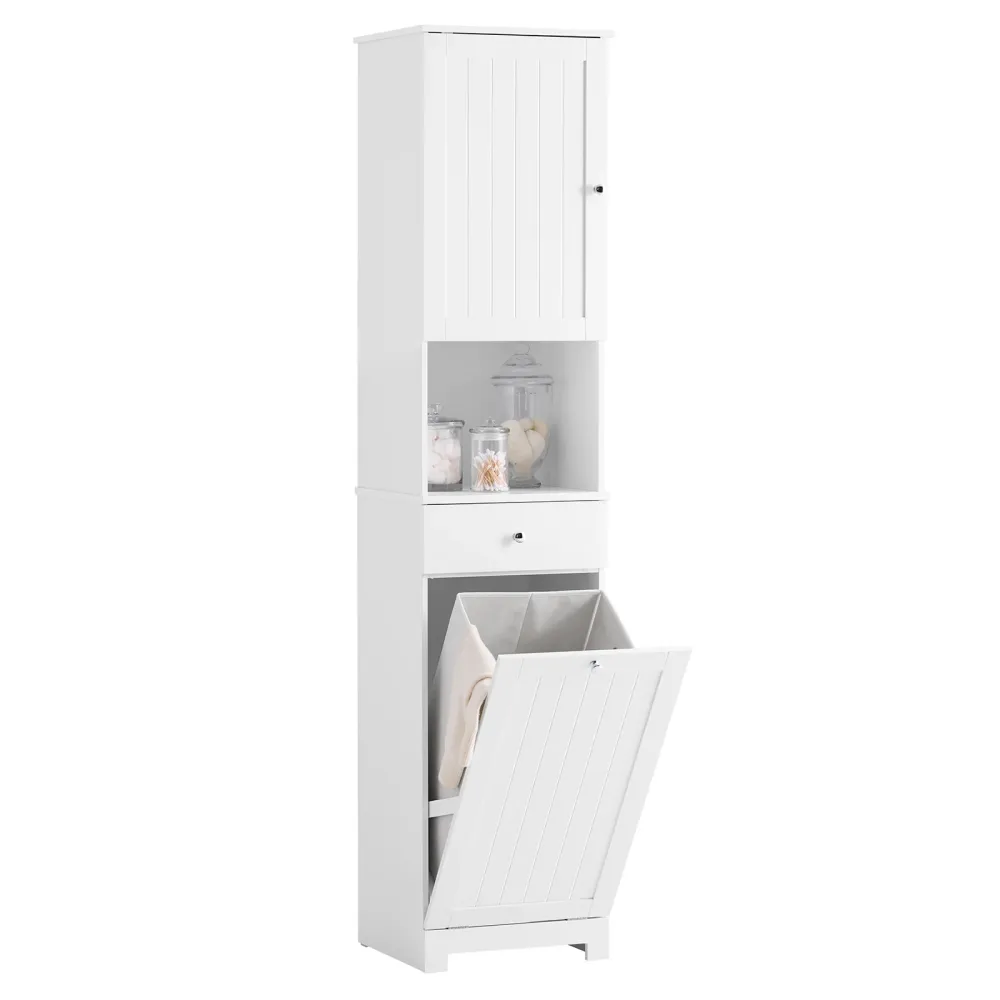 SoBuy BZR216-W Dulap de baie înalt, cu economie de spațiu, cu coș de rufe de 45 l - coloană de baie îngustă 40x38x180cm cu...