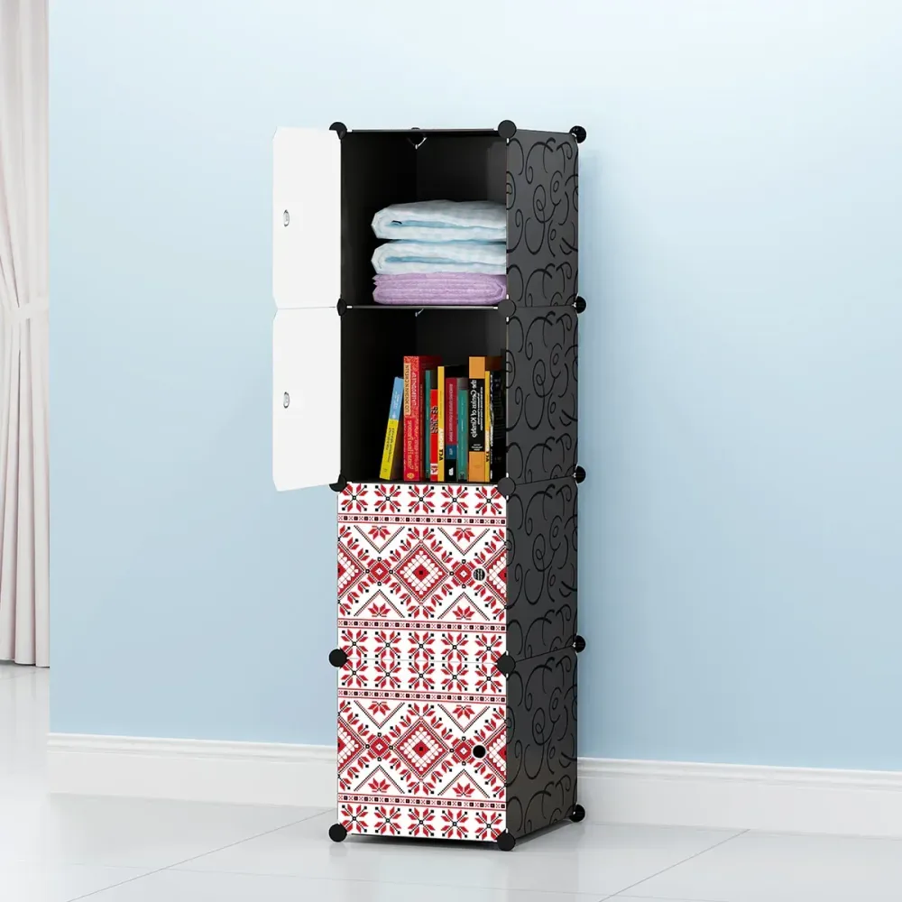 Dulap modular din plastic cu schelet metalic, imprimeu traditional, Naimeed D3420N, culoare Negru, 148x37x37 cm