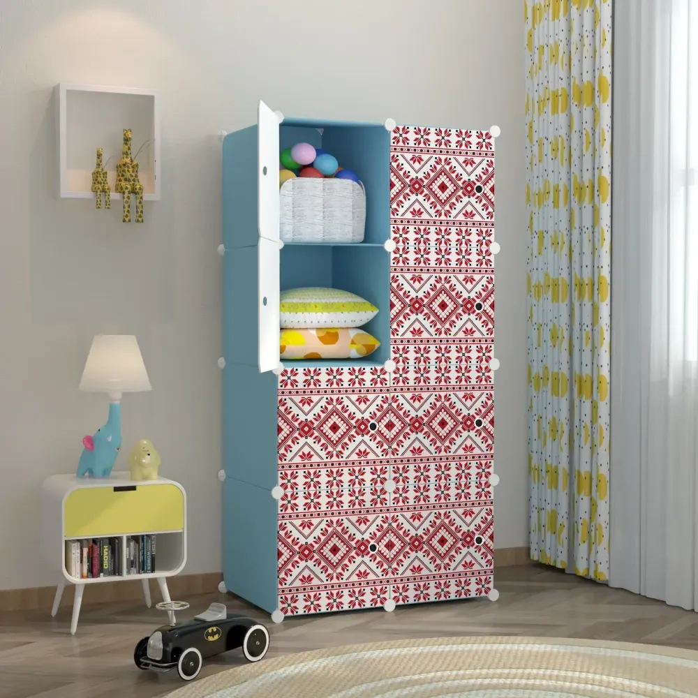 Dulap modular din plastic cu schelet metalic, imprimeu traditional, Naimeed D3423B, culoare Albastru, 148x75x37 cm