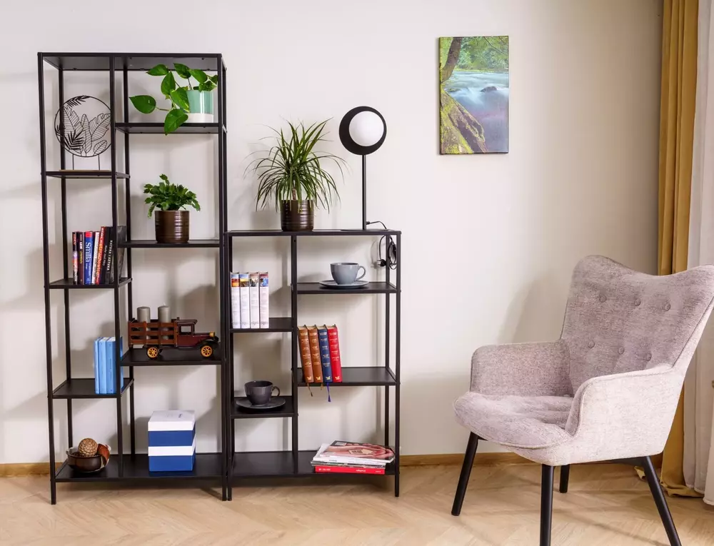 Etajera COSTA , negru mat, PAL laminat/metal, 70x30x178 cm