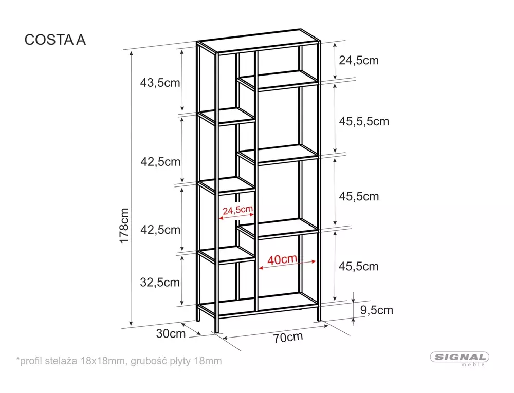 Etajera COSTA , negru mat, PAL laminat/metal, 70x30x178 cm