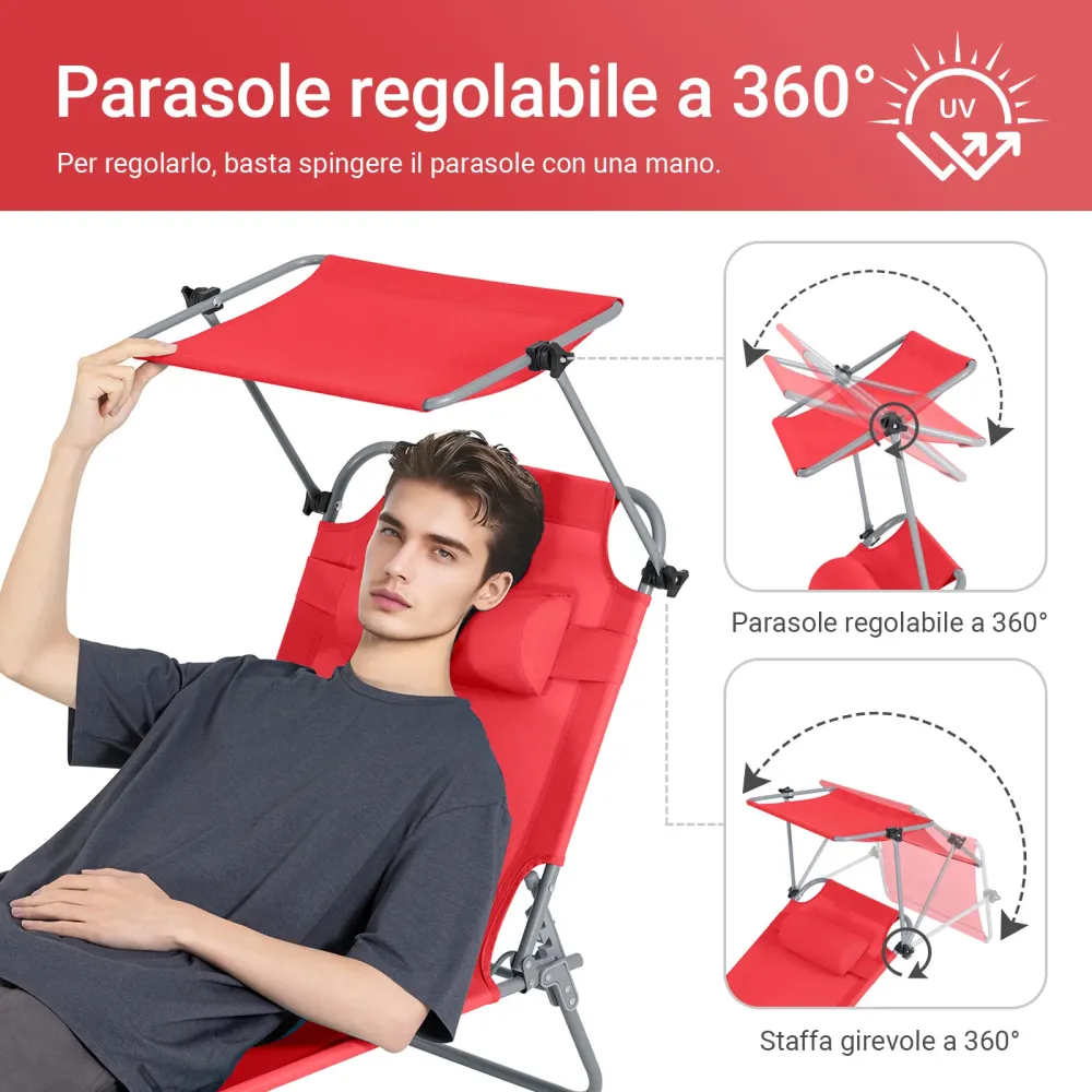 SoBuy OGS48-R Șezlong de grădină rabatabil Șezlong pliabil cu buzunar lateral pentru pernă și umbrelă de soare Șezlong de...
