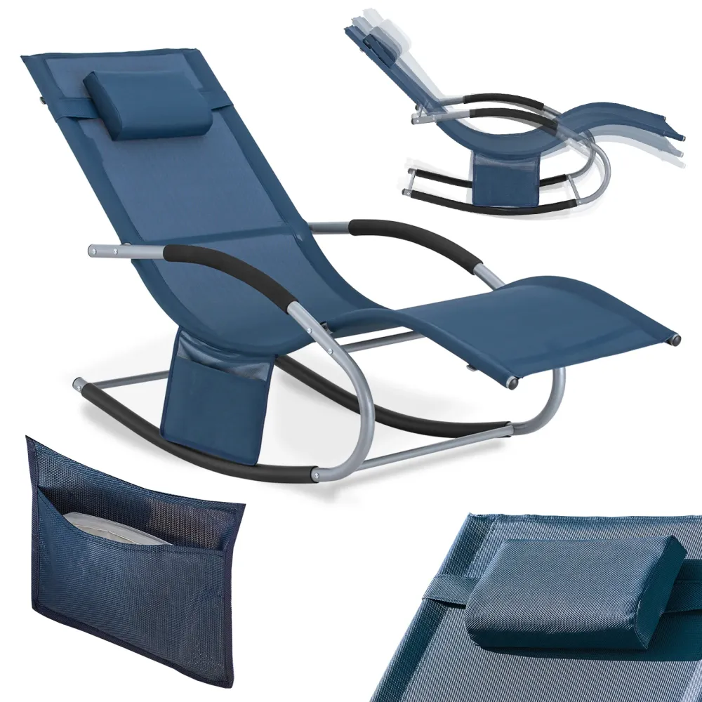 SoBuy Rocking Garden Deckchair - balansoar de exterior din textilen bleumarin cu cadru metalic, 150x63x87cm, sezlong pentr...