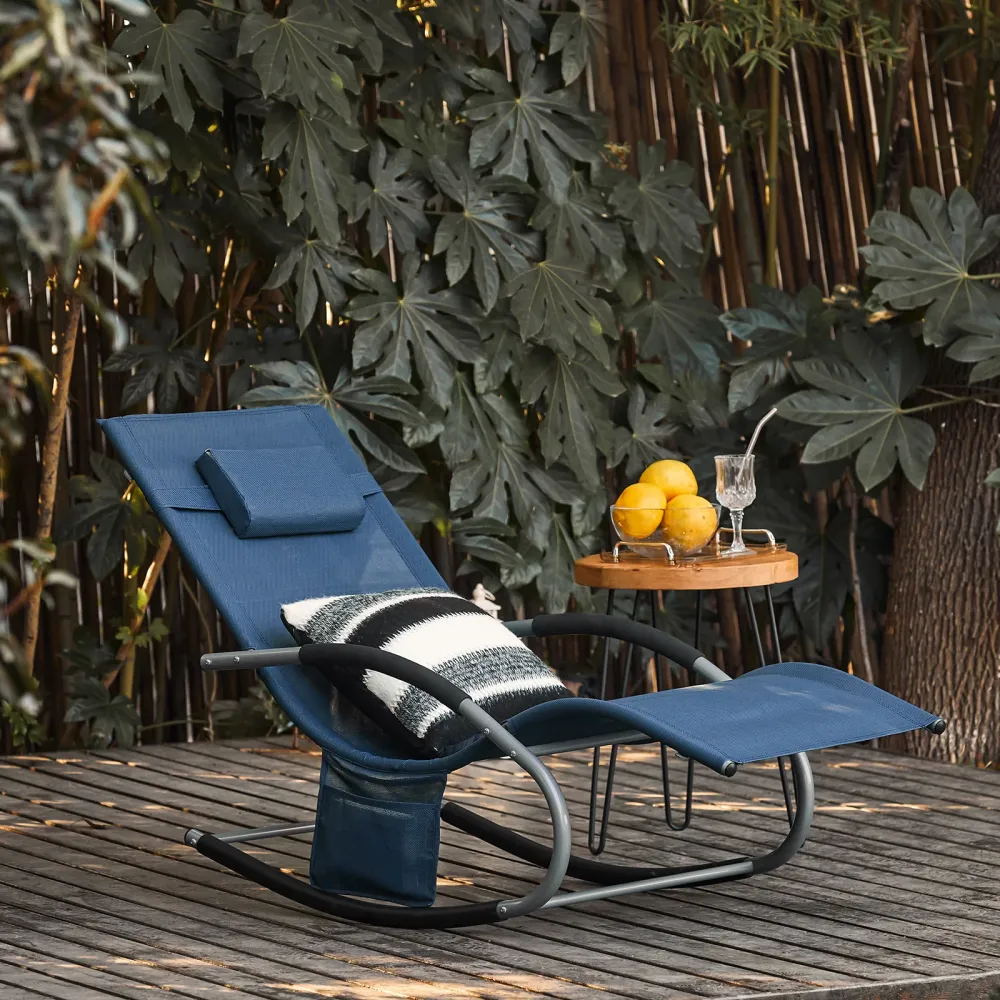SoBuy Rocking Garden Deckchair - balansoar de exterior din textilen bleumarin cu cadru metalic, 150x63x87cm, sezlong pentr...