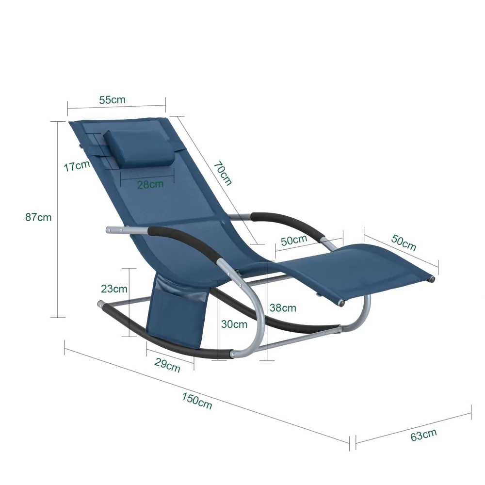 SoBuy Rocking Garden Deckchair - balansoar de exterior din textilen bleumarin cu cadru metalic, 150x63x87cm, sezlong pentr...