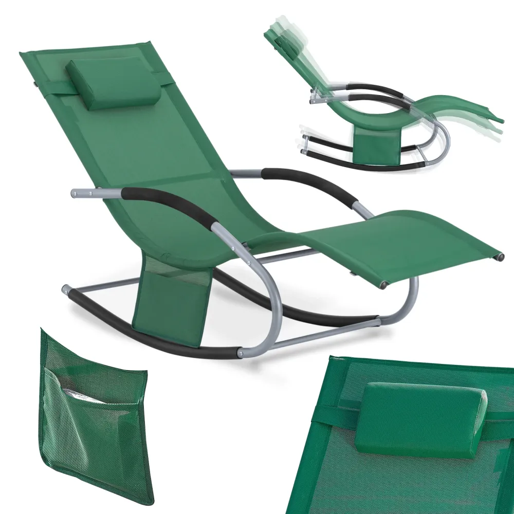 SoBuy Rocking Garden Deckchair - balansoar de exterior din textilen verde închis cu cadru metalic, 150x63x87cm, șezlong pe...