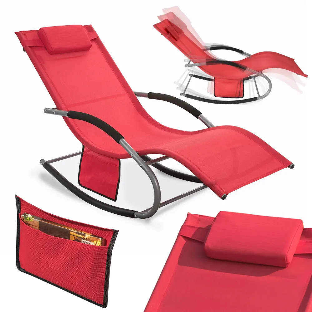 SoBuy Rocking Garden Deckchair - balansoar de exterior din textilen roșu cu cadru metalic, 150x63x87cm, șezlong pentru ter...