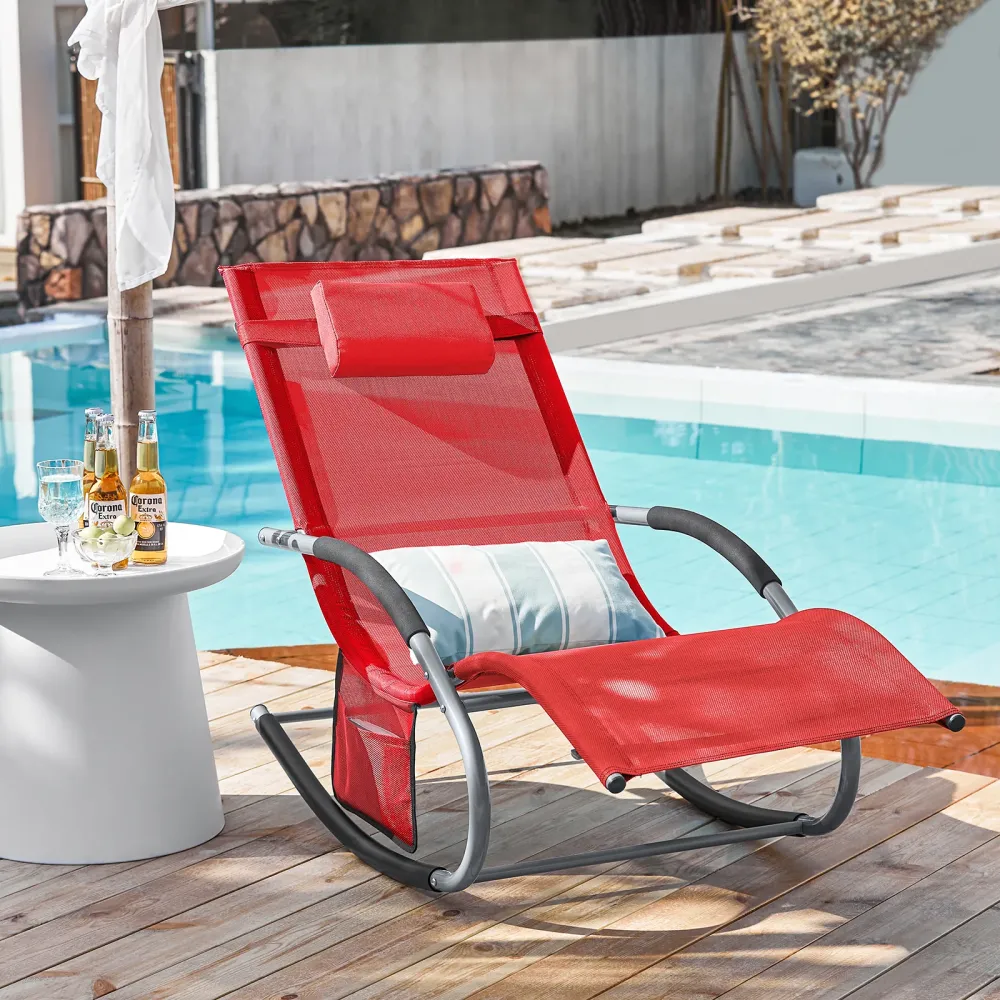 SoBuy Rocking Garden Deckchair - balansoar de exterior din textilen roșu cu cadru metalic, 150x63x87cm, șezlong pentru ter...