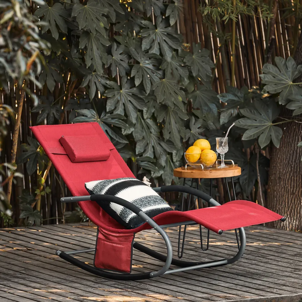 SoBuy Rocking Garden Deckchair - balansoar de exterior din textilen roșu cu cadru metalic, 150x63x87cm, șezlong pentru ter...