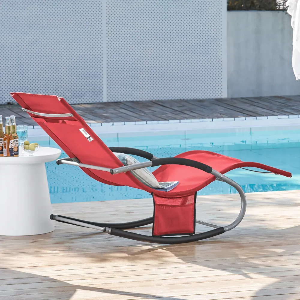 SoBuy Rocking Garden Deckchair - balansoar de exterior din textilen roșu cu cadru metalic, 150x63x87cm, șezlong pentru ter...