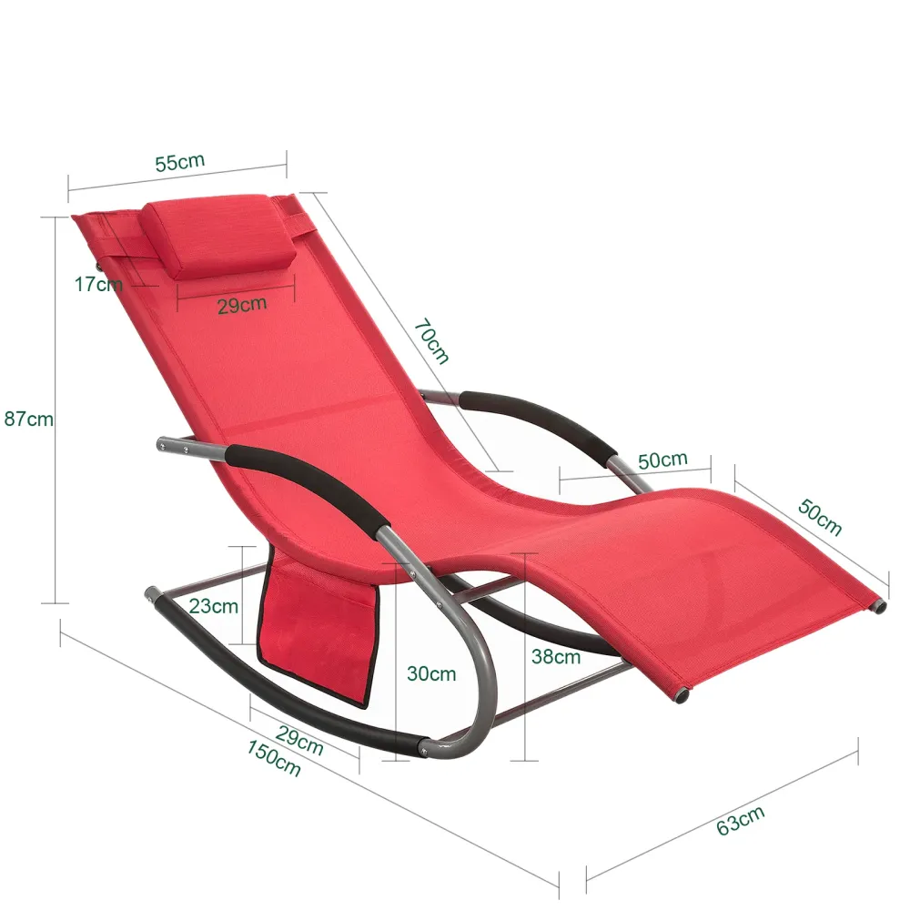 SoBuy Rocking Garden Deckchair - balansoar de exterior din textilen roșu cu cadru metalic, 150x63x87cm, șezlong pentru ter...
