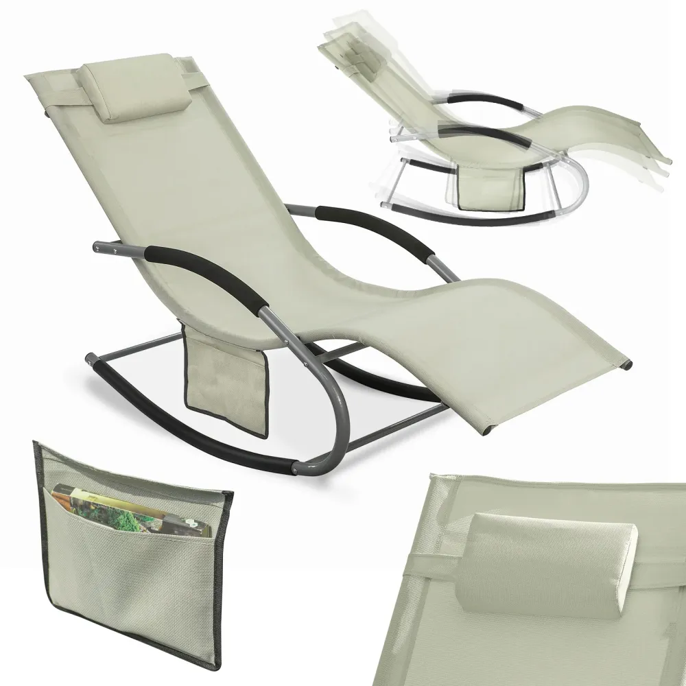 SoBuy Rocking Garden Deckchair - balansoar de exterior din textilen bej cu cadru metalic, 150x63x87cm, sezlong pentru tera...