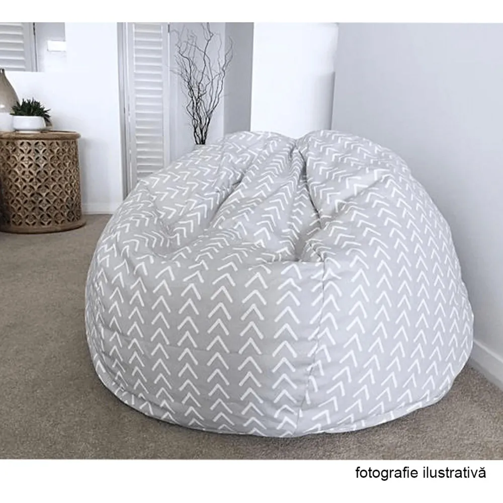 Fotoliu puf GOMBY, material textil/biluțe din polistiren, gri/alb/model zig-zag, 60x50x60 cm