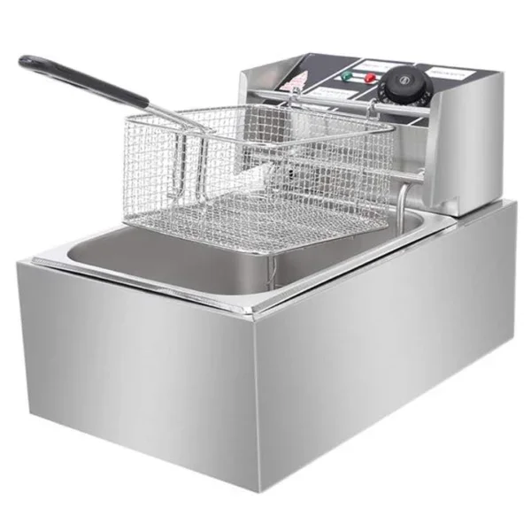 Friteuza Electrica Profesionala 6L, Inox, 2500W – Termostat Reglabil, Capac Antistropire, Usor de Curatat