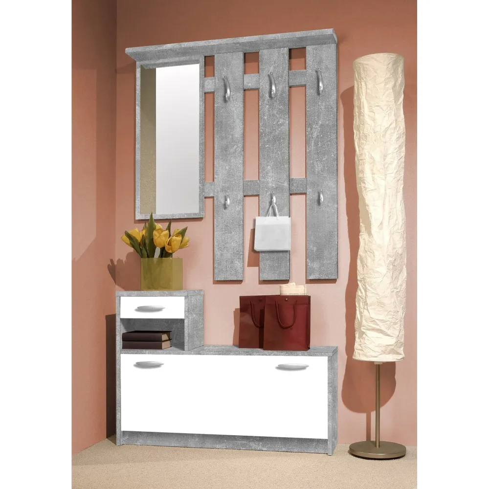 Cuier cu oglinda VERA, alb/beton, 100x25x191 cm