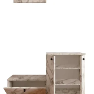 Set hol EVVA, bej cu efect de marmura/negru, PAL melaminat, format din cuier si pantofar