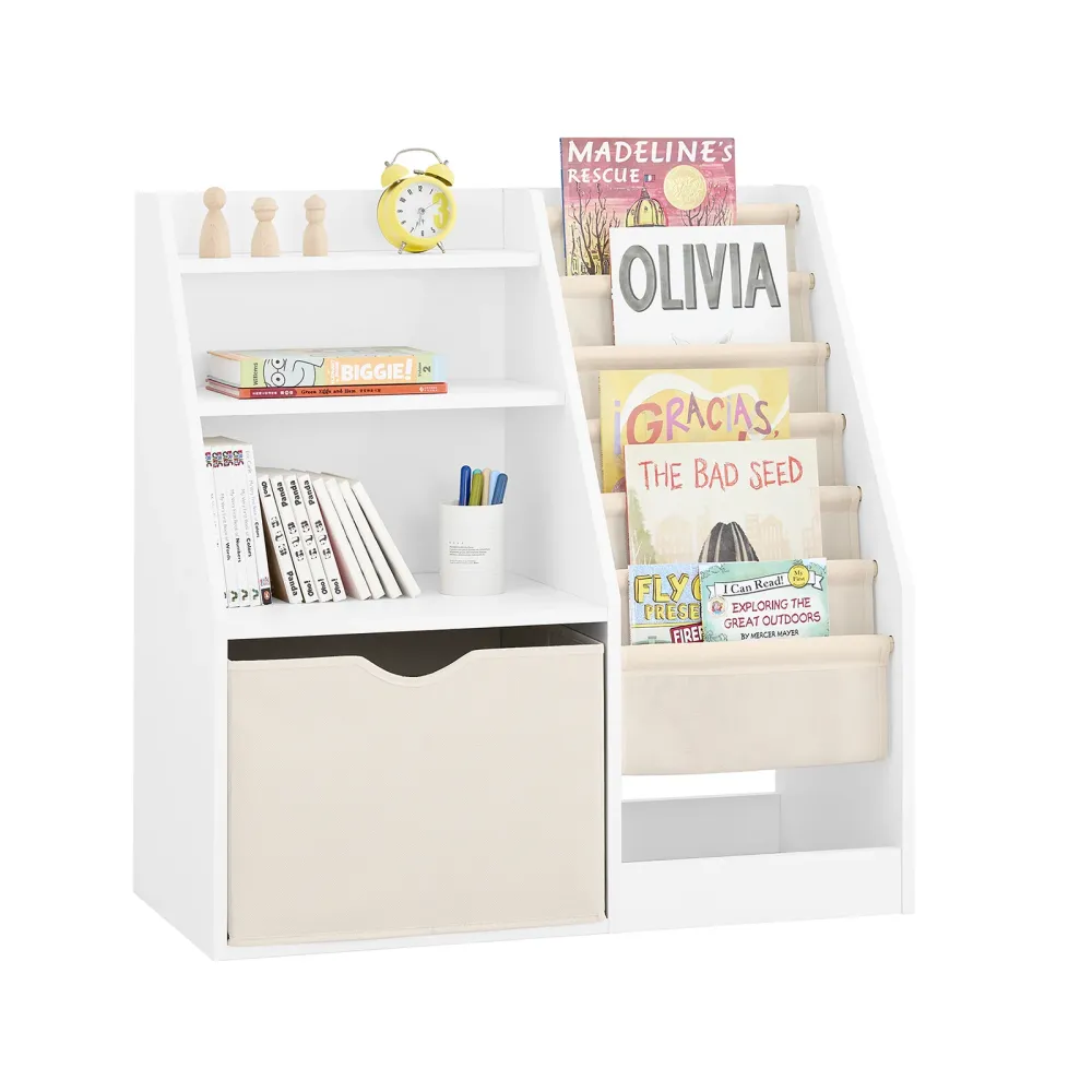 Pre-sare SoBuy KMB119-W Bibliotecă Montessori pentru copii cu 3 rafturi și 1 coș Raft pentru jucării pentru copii Bibliote...