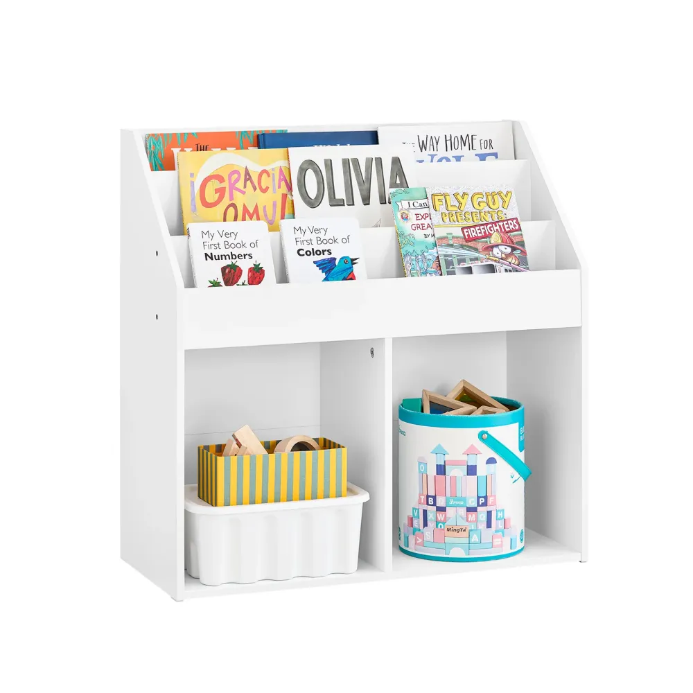 SoBuy KMB01-II-W Bibliotecă Montessori pentru copii Raft cu jucării 3 rafturi + 2 containere deschise Dulap pentru dormito...