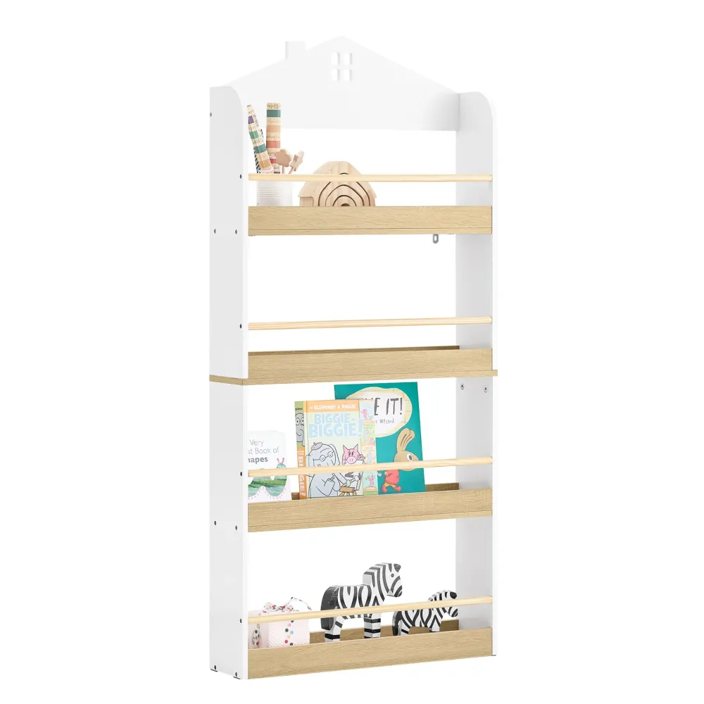 SoBuy KMB121-WN, Bibliotecă Montessori pentru copii Suport cărți pentru copii cu 4 rafturi Bibliotecă verticală Suport juc...