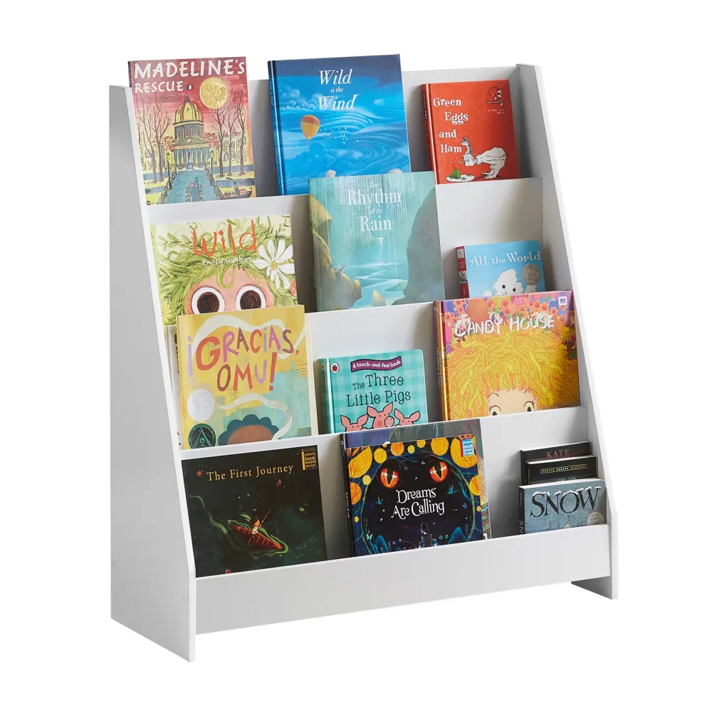 SoBuy KMB32-W Bibliotecă Montessori pentru copii Suport cu jucării Bibliotecă pe podea Suport reviste cu 4 compartimente S...