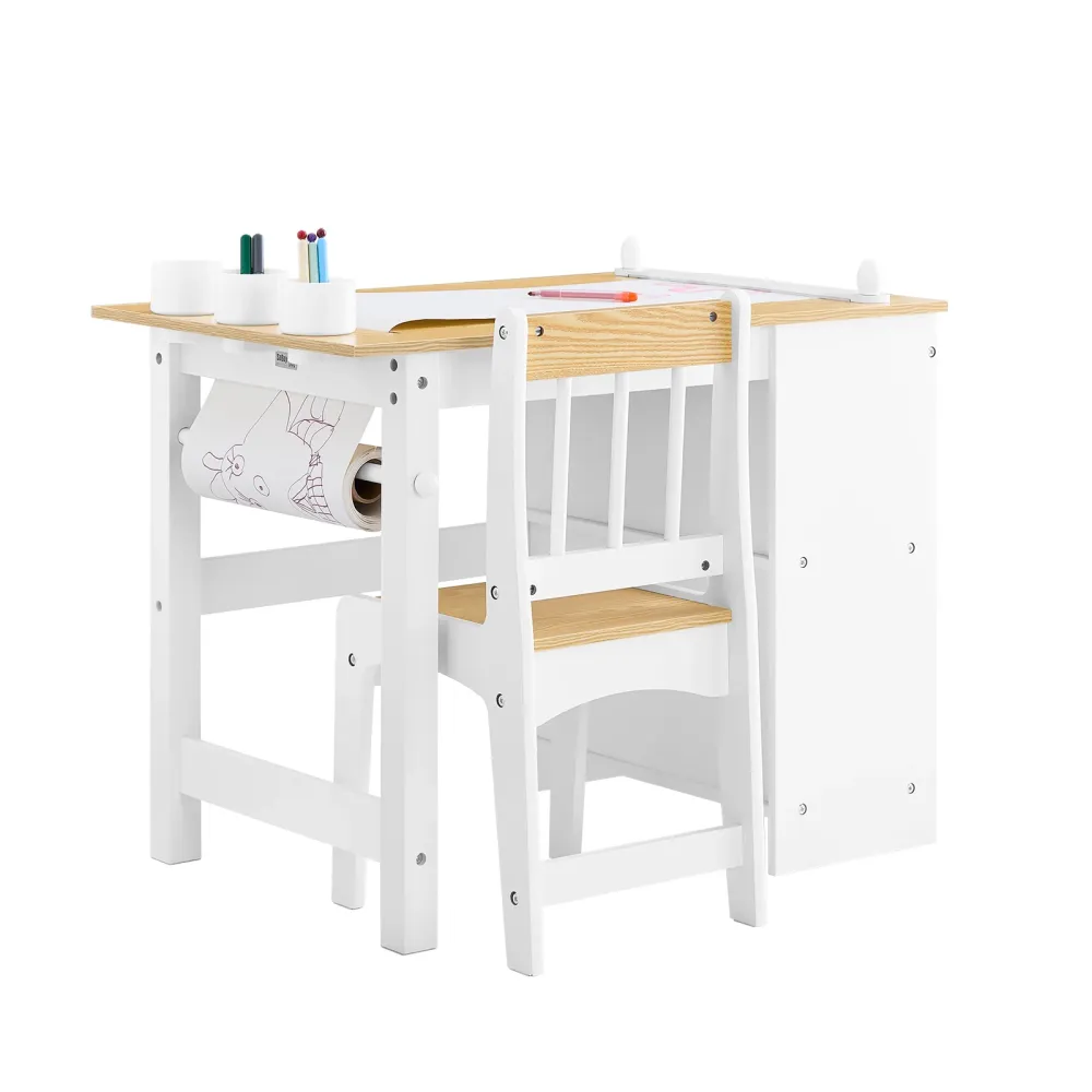 SoBuy Masă de masă pentru copii KMB60-WW cu 1 scaun, set de masă și scaune pentru copii multiatractivitate cu 2 rafturi, m...