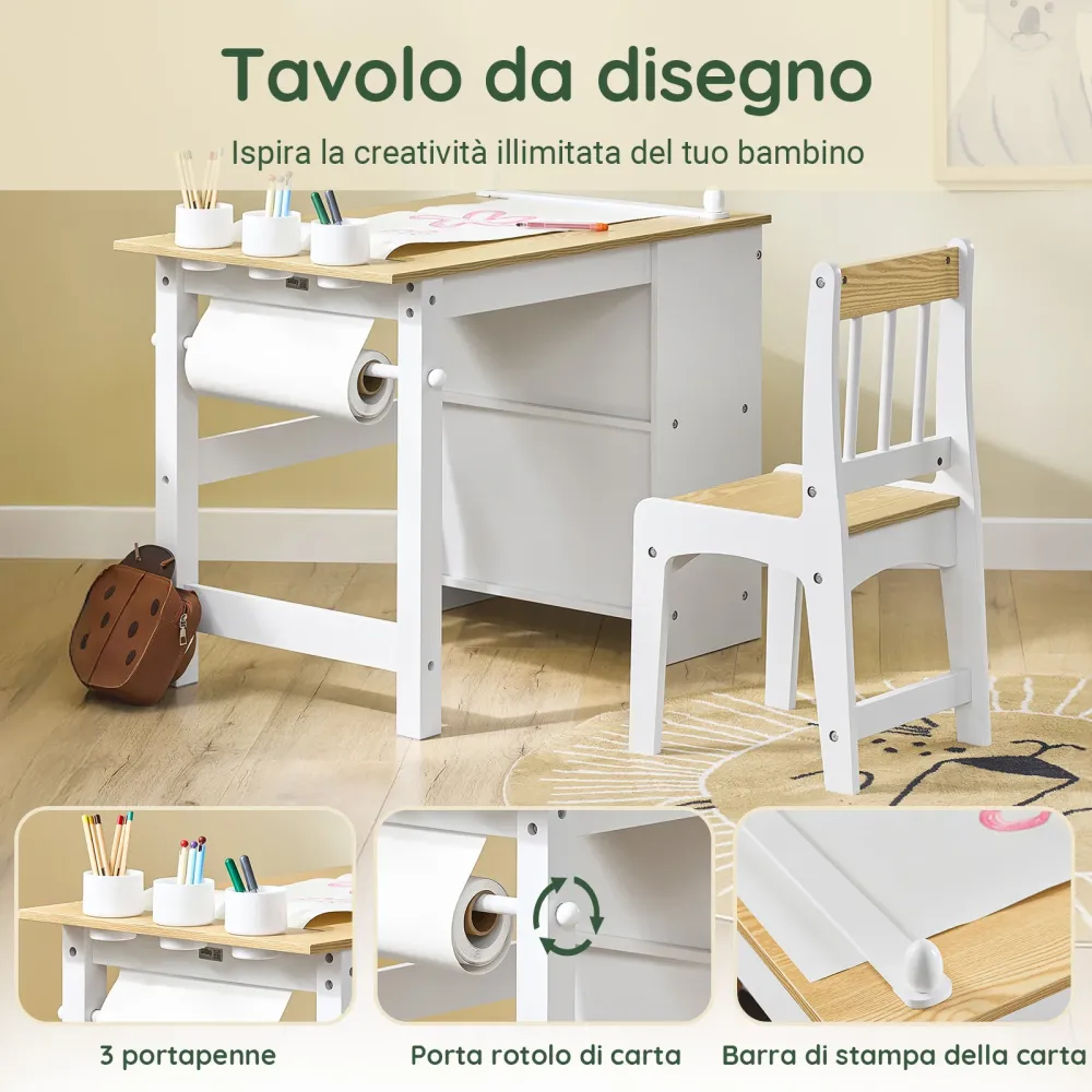 SoBuy Masă de masă pentru copii KMB60-WW cu 1 scaun, set de masă și scaune pentru copii multiatractivitate cu 2 rafturi, m...
