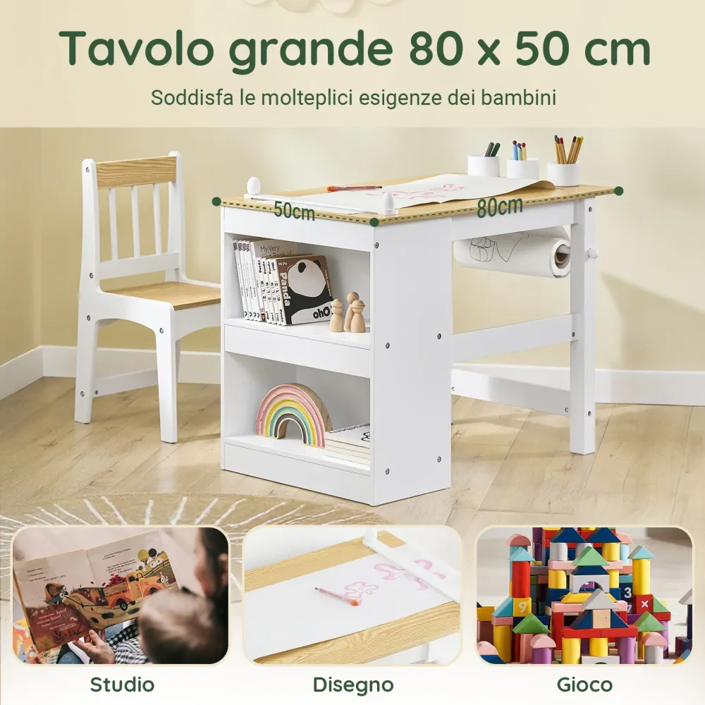 SoBuy Masă de masă pentru copii KMB60-WW cu 1 scaun, set de masă și scaune pentru copii multiatractivitate cu 2 rafturi, m...