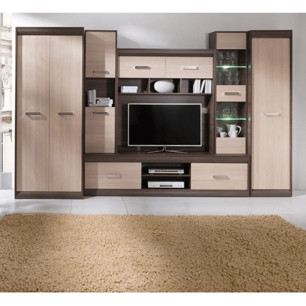Mobilă de living, cu iluminare LED, PAL, stejar deschis/stejar închis, KORINA