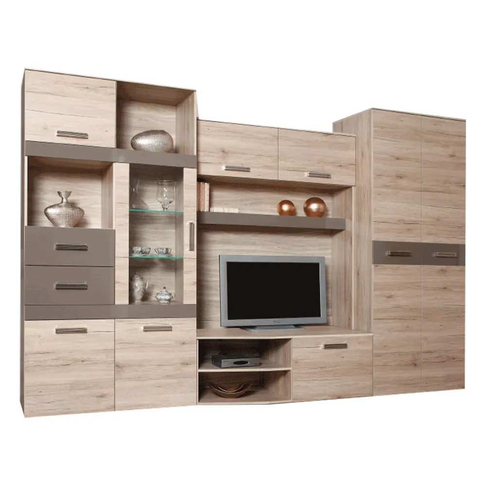 Mobila living ASSOR, iluminare LED, stejar san marino/latte extra lucios HG, 300 cm