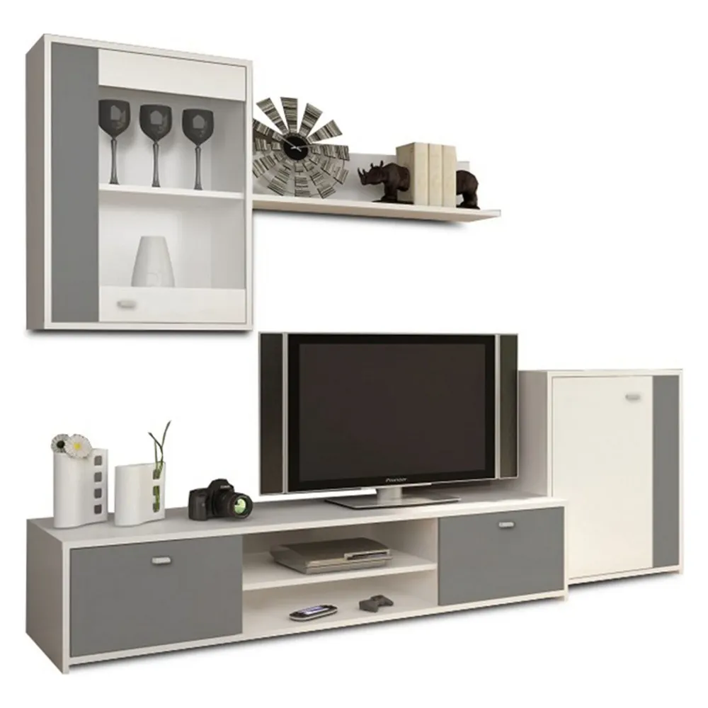 Mobila de living GENTA, PAL, alb/gri, 210x42x180 cm