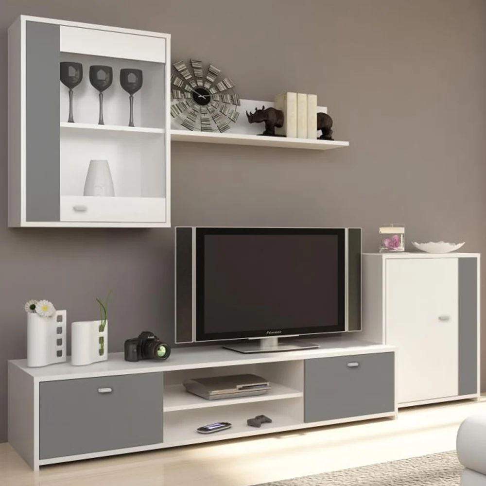 Mobila de living GENTA, PAL, alb/gri, 210x42x180 cm