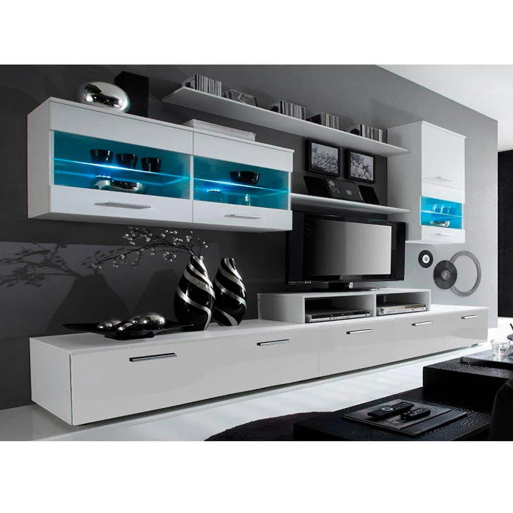 Set living LEO, alb, PAL melaminat, cu iluminare led