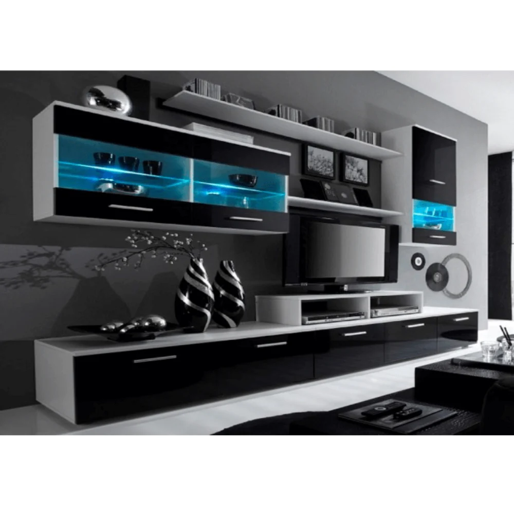 Set living LEO, alb/negru lucios, PAL melaminat